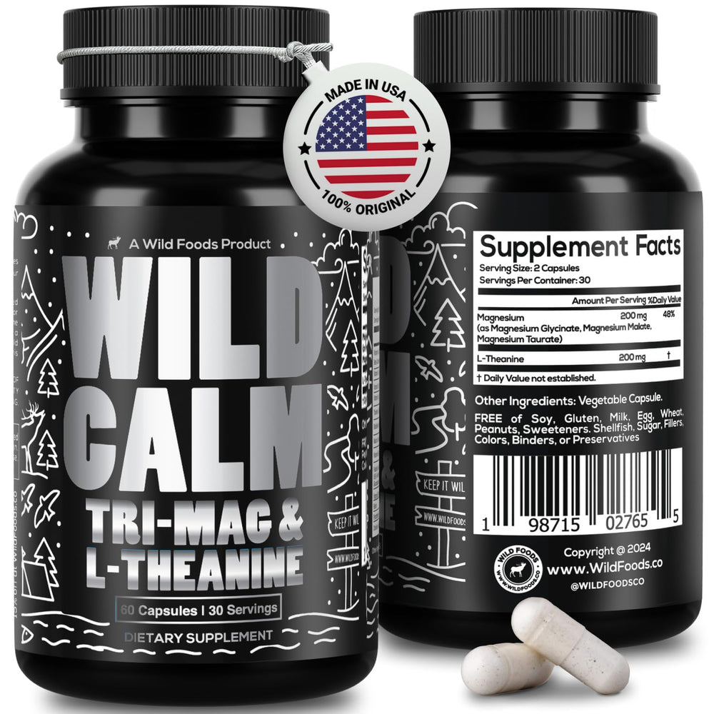 Front view of Wild Foods Tri-Mag & L-Theanine bottle