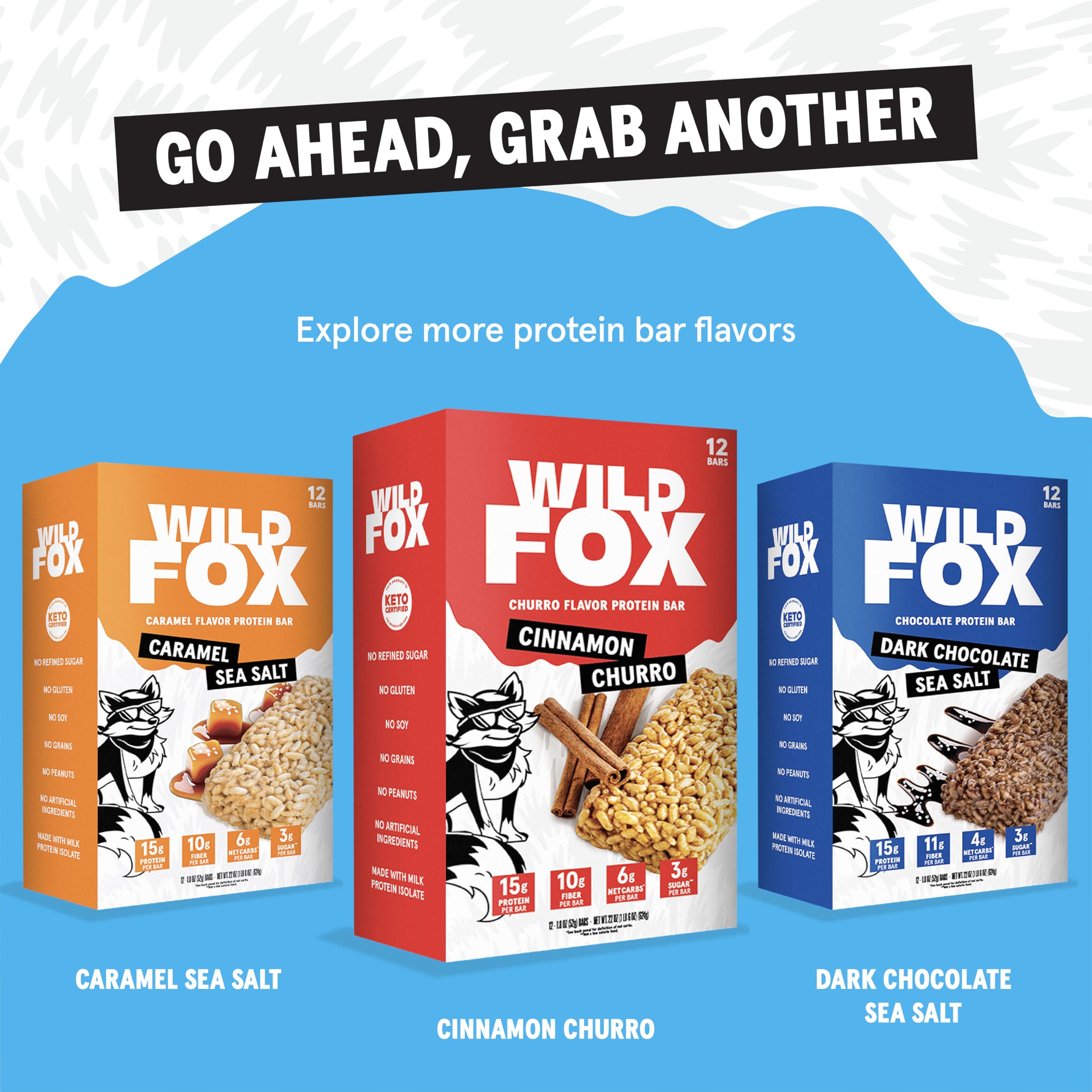 Wild Fox clean-label graphics highlight premium nut butter in each bar.