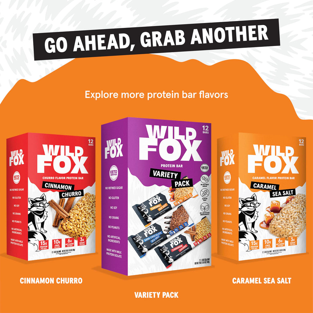 Wild Fox Protein Bars caramel sea salt swirls evoke indulgent texture while keeping clean ingredients.