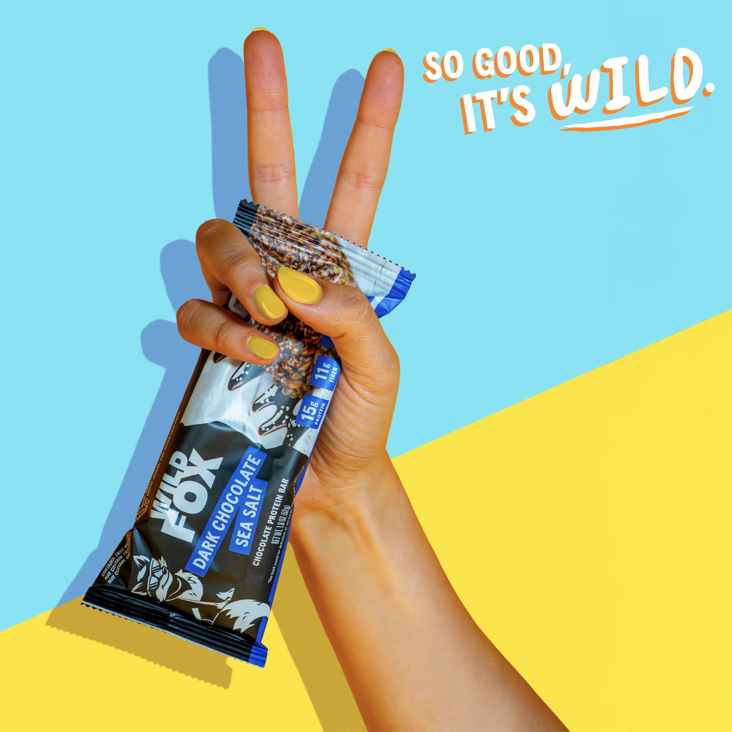 Wild Fox Protein Bars packaging shot highlights flavor options Cinnamon Churro, Dark Chocolate Sea Salt, Caramel Sea Salt.