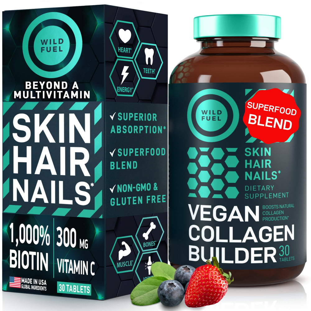 Bottle of WILD FUEL Vegan Collagen Builder with 30 tablets