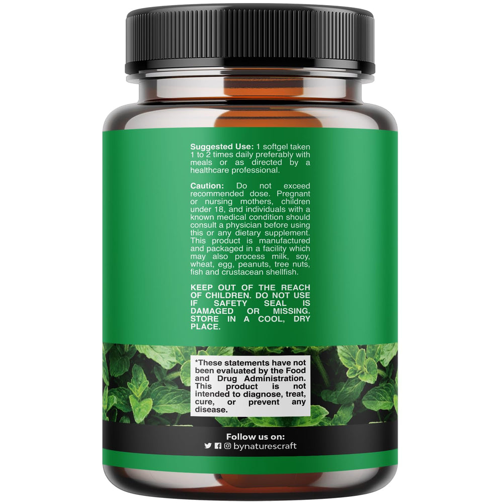 Close-up of oregano oil softgels in a bottle