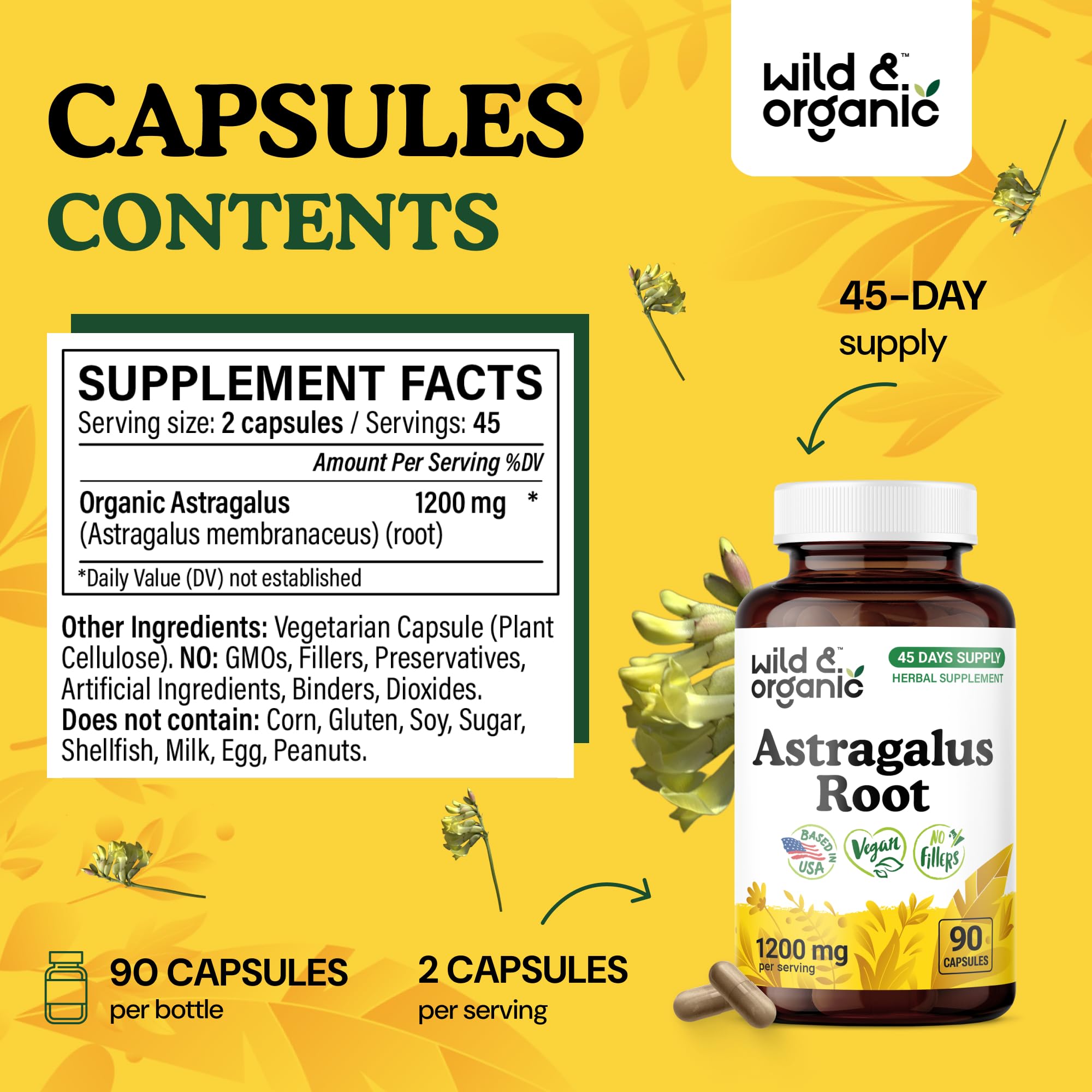 Ingredients label showing vegan and non-GMO astragalus capsules
