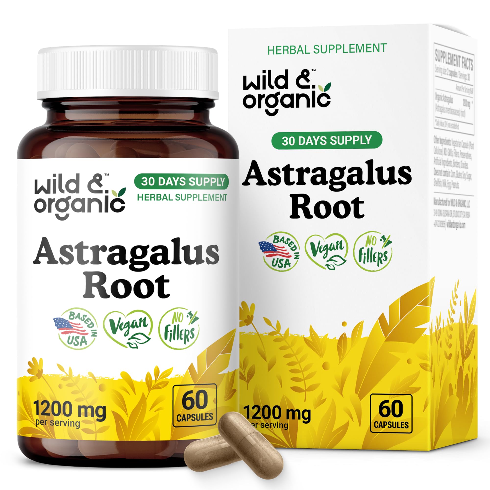 Front view of Wild & Organic Astragalus Root Capsules bottle (60 capsules)