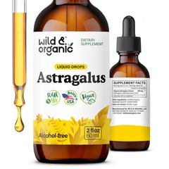 Wild & Organic Astragalus Tincture bottle with dropper on white background