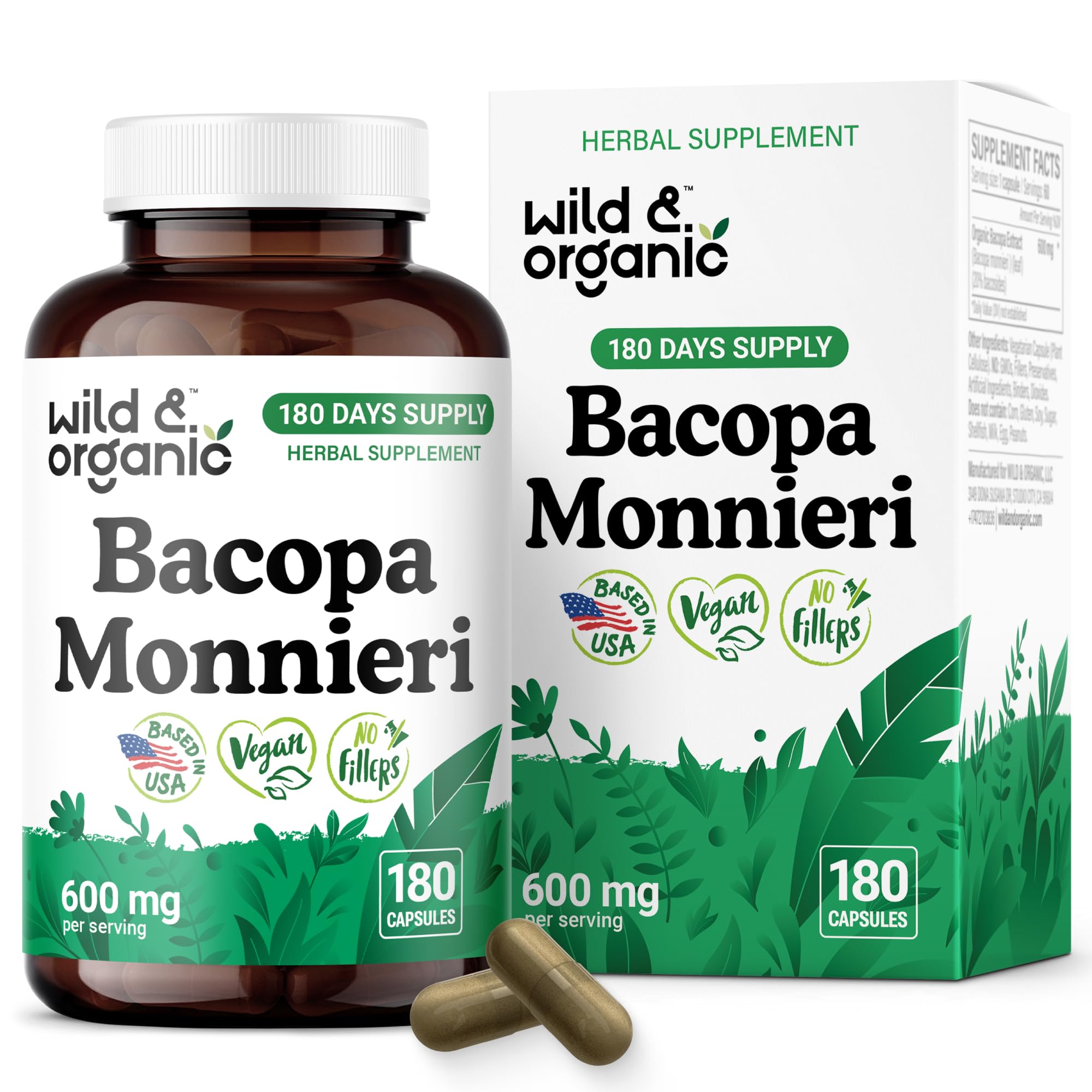 Bottle of Wild & Organic Bacopa Monnieri Capsules 600 mg for brain support