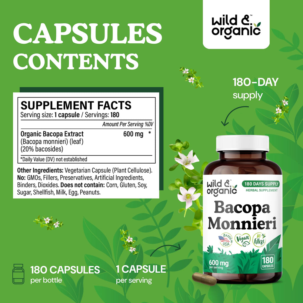 Brahmi bacopa monnieri powder capsules on bottle label