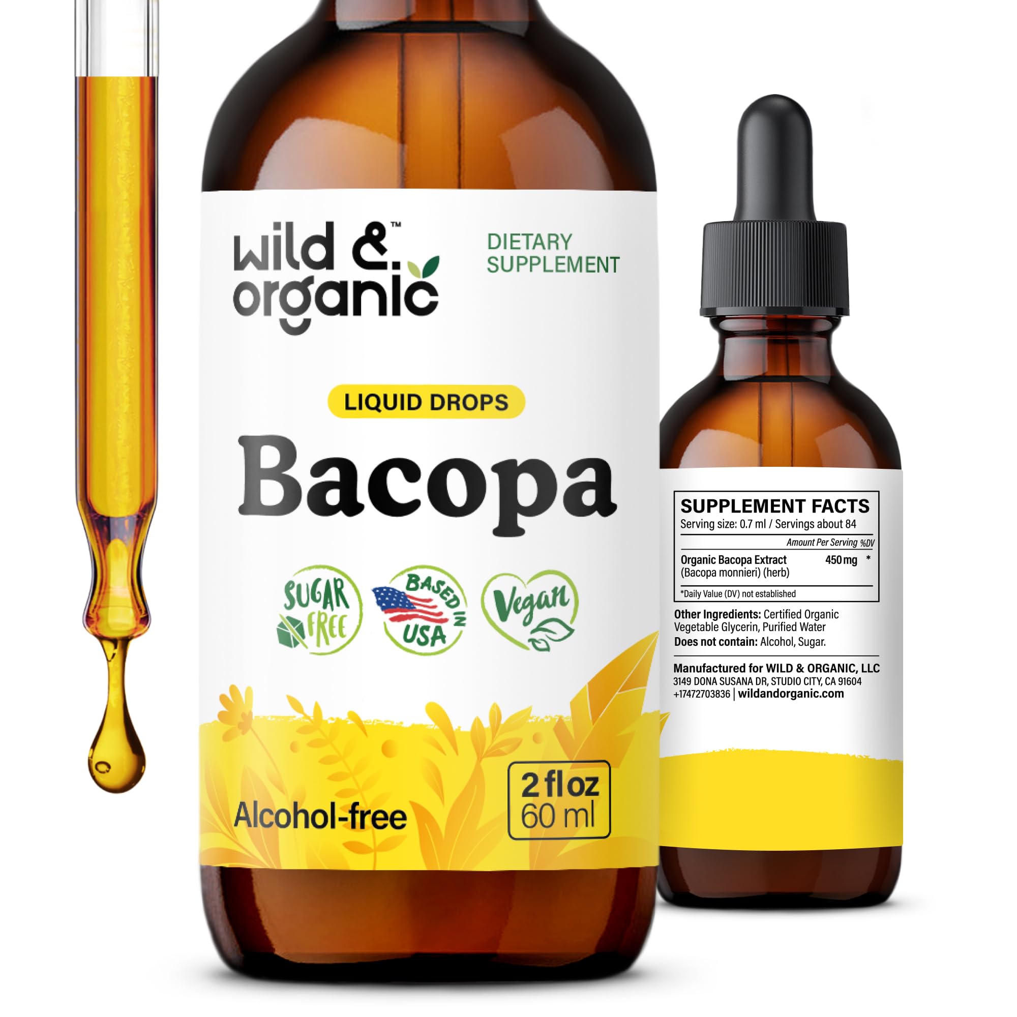Bottle of Wild & Organic Bacopa Tincture with dropper