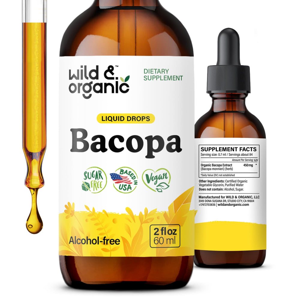 Bottle of Wild & Organic Bacopa Tincture with dropper