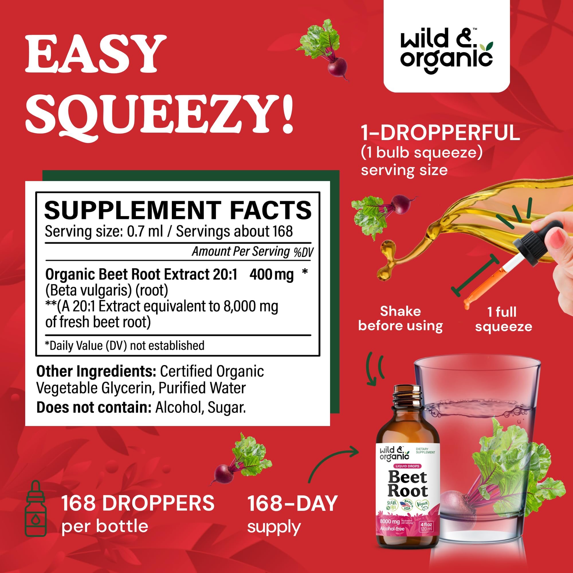 Close-up of the bottle label for Wild & Organic Beet Root Extract Drops
