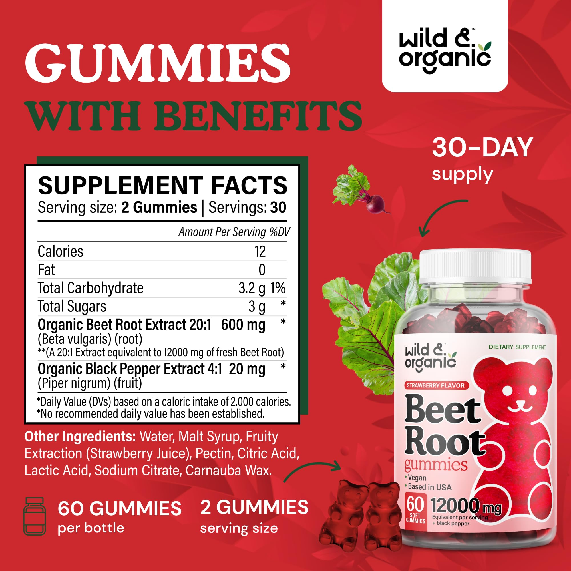Detail of the bottle label showing 60 gummies per bottle