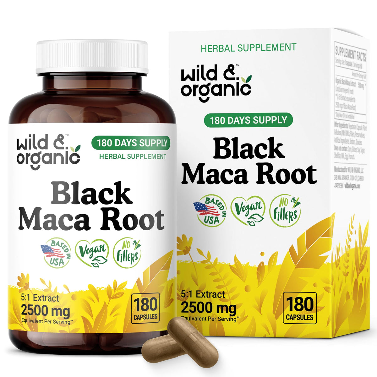 Front view of Wild & Organic Black Maca Root Capsules bottle showing 500 mg dosage