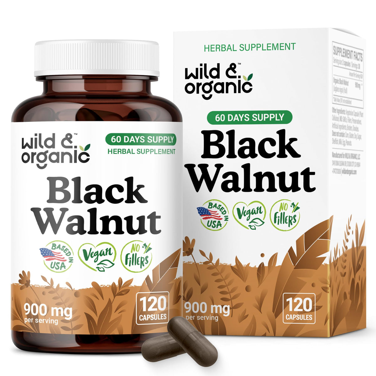 Hero image: Wild & Organic Black Walnut Hull Capsules 900 mg bottle