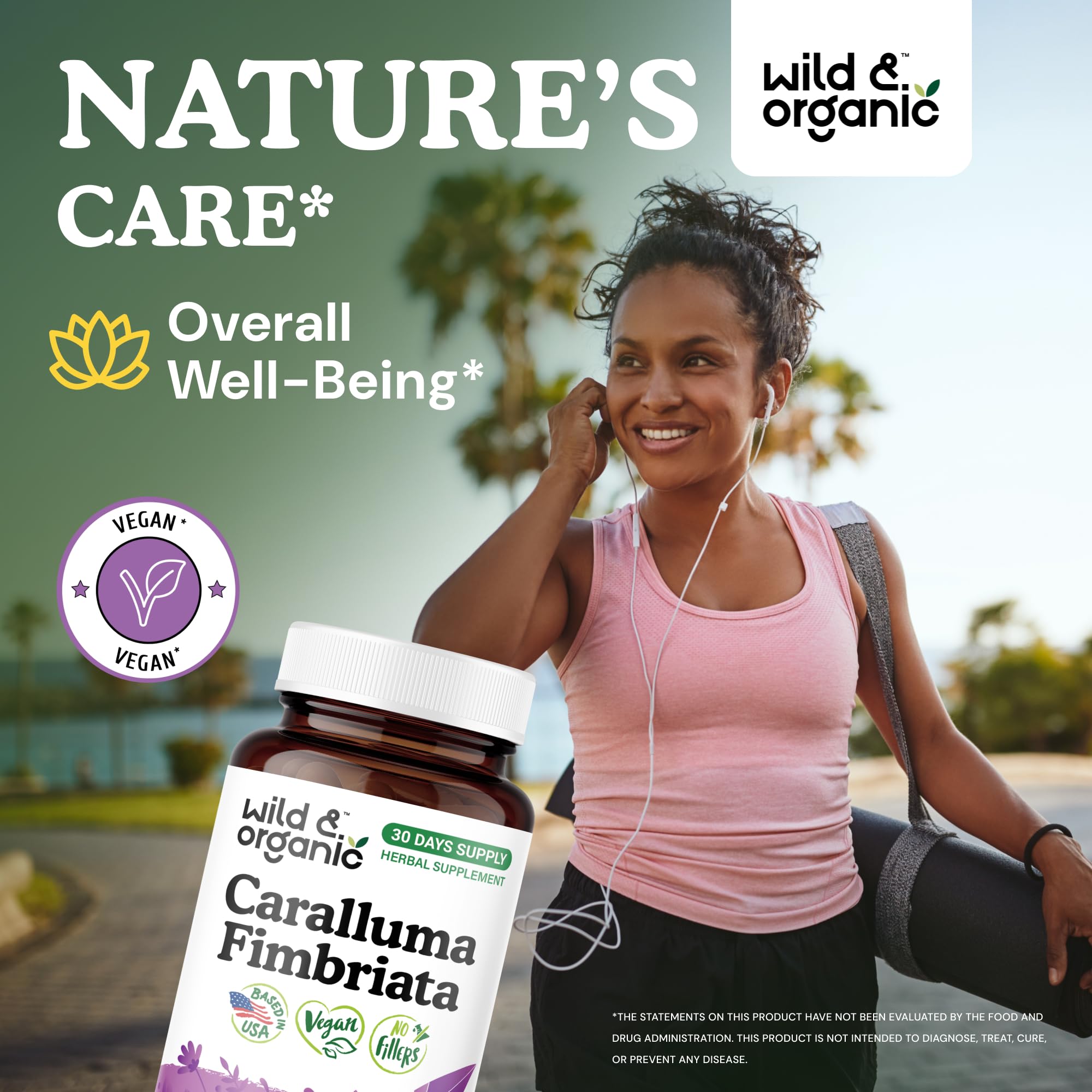 Front view of Wild & Organic Caralluma Fimbriata capsules bottle