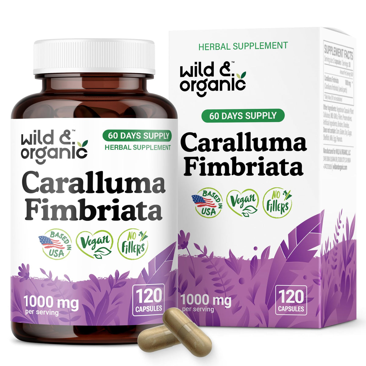 Bottle of Wild & Organic Caralluma Fimbriata Capsules 1000 mg - front view