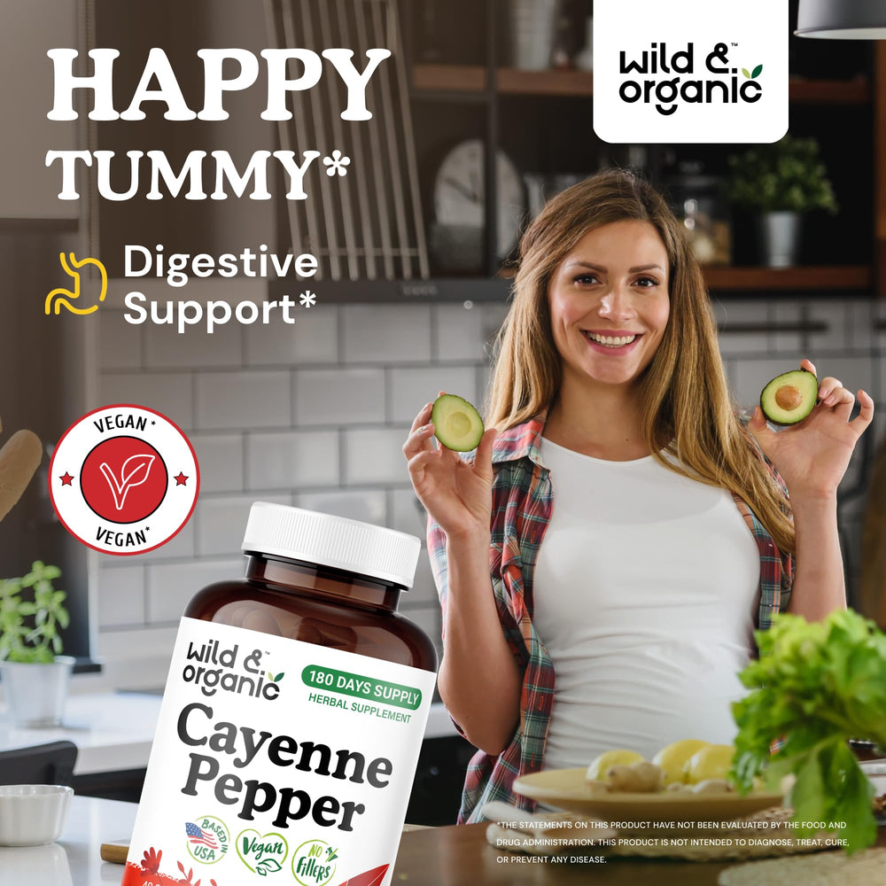 Back label showing vegan and non-GMO claims on cayenne capsules