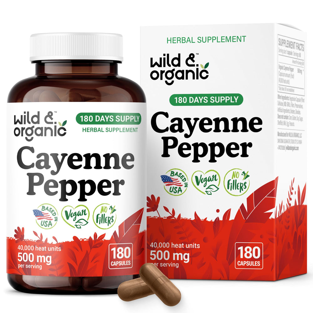 Front view of Wild & Organic Cayenne Pepper Capsules bottle, 500 mg, 180-count