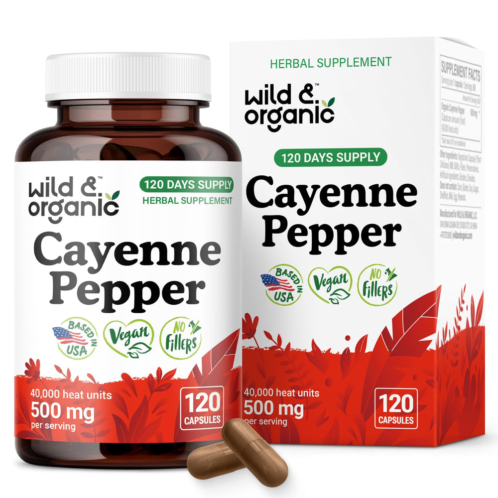 Bottle front view of Wild & Organic Cayenne Pepper Capsules 500 mg