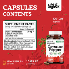 Close-up of cayenne pepper capsules showing 500 mg content