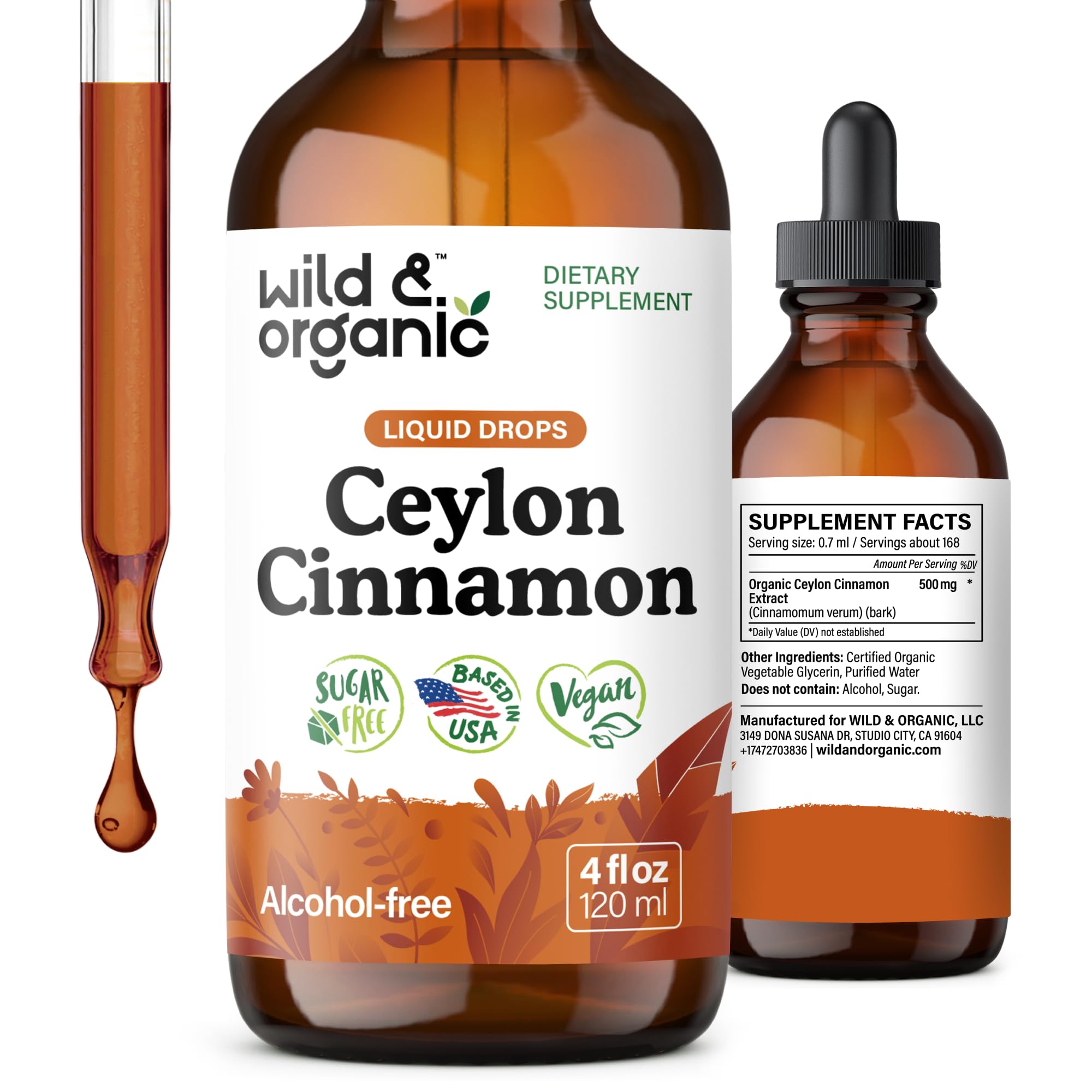 Front view of Wild & Organic Ceylon Cinnamon Tincture bottle, 4 oz