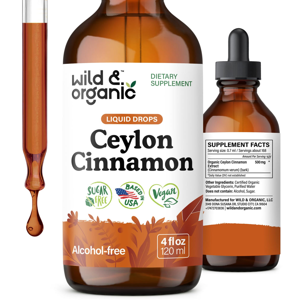 Front view of Wild & Organic Ceylon Cinnamon Tincture bottle, 4 oz