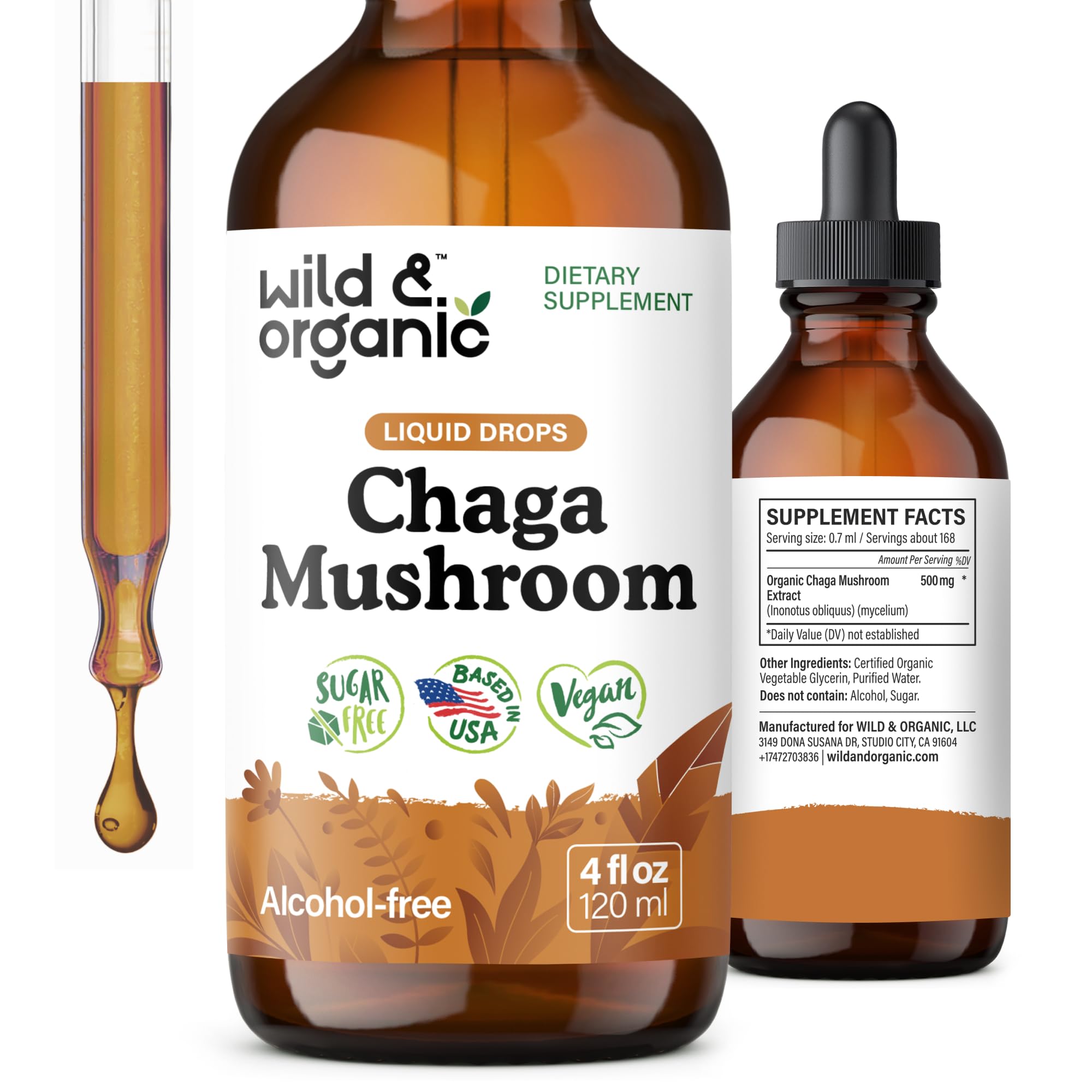 Front view of Wild & Organic Chaga Mushroom Drops 4 oz bottle