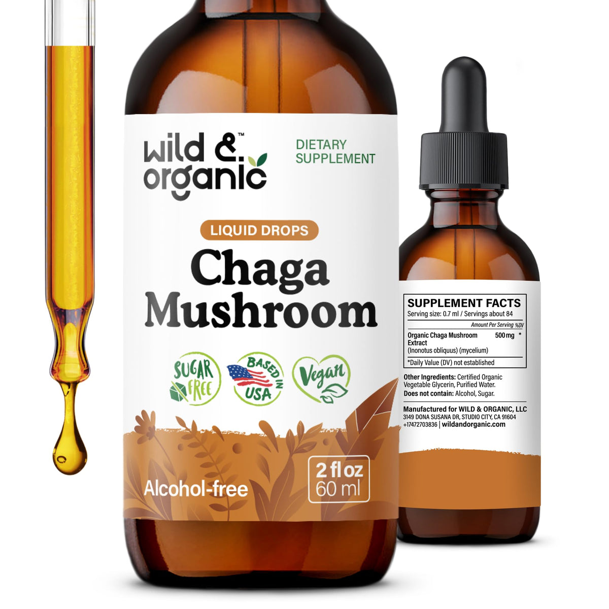Wild & Organic Chaga Mushroom Tincture bottle, 2 fl oz