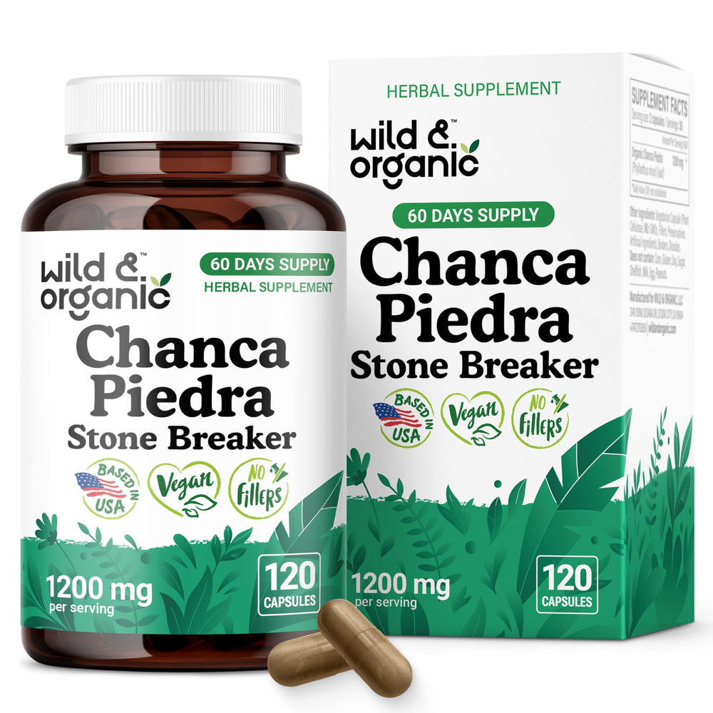 Bottle of Wild & Organic Chanca Piedra capsules with label