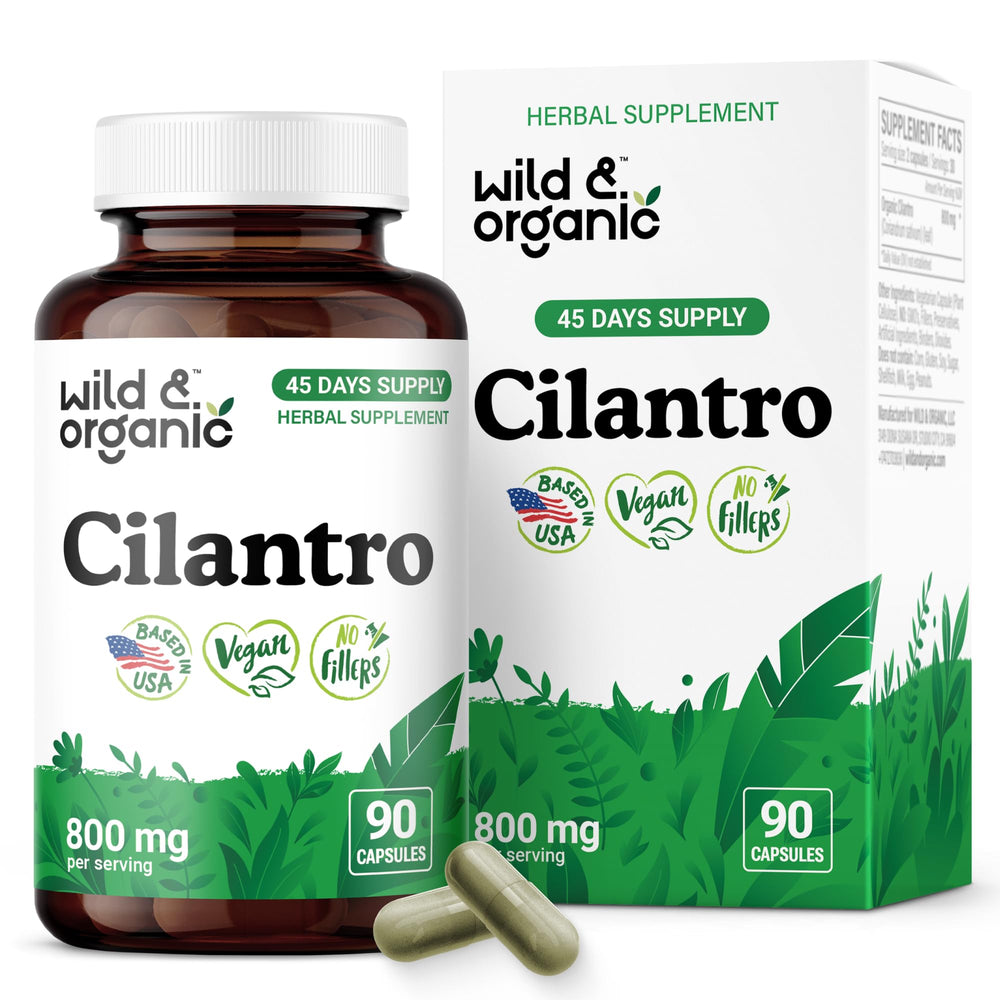 Wild and Organic cilantro capsules bottle front highlighting detox support