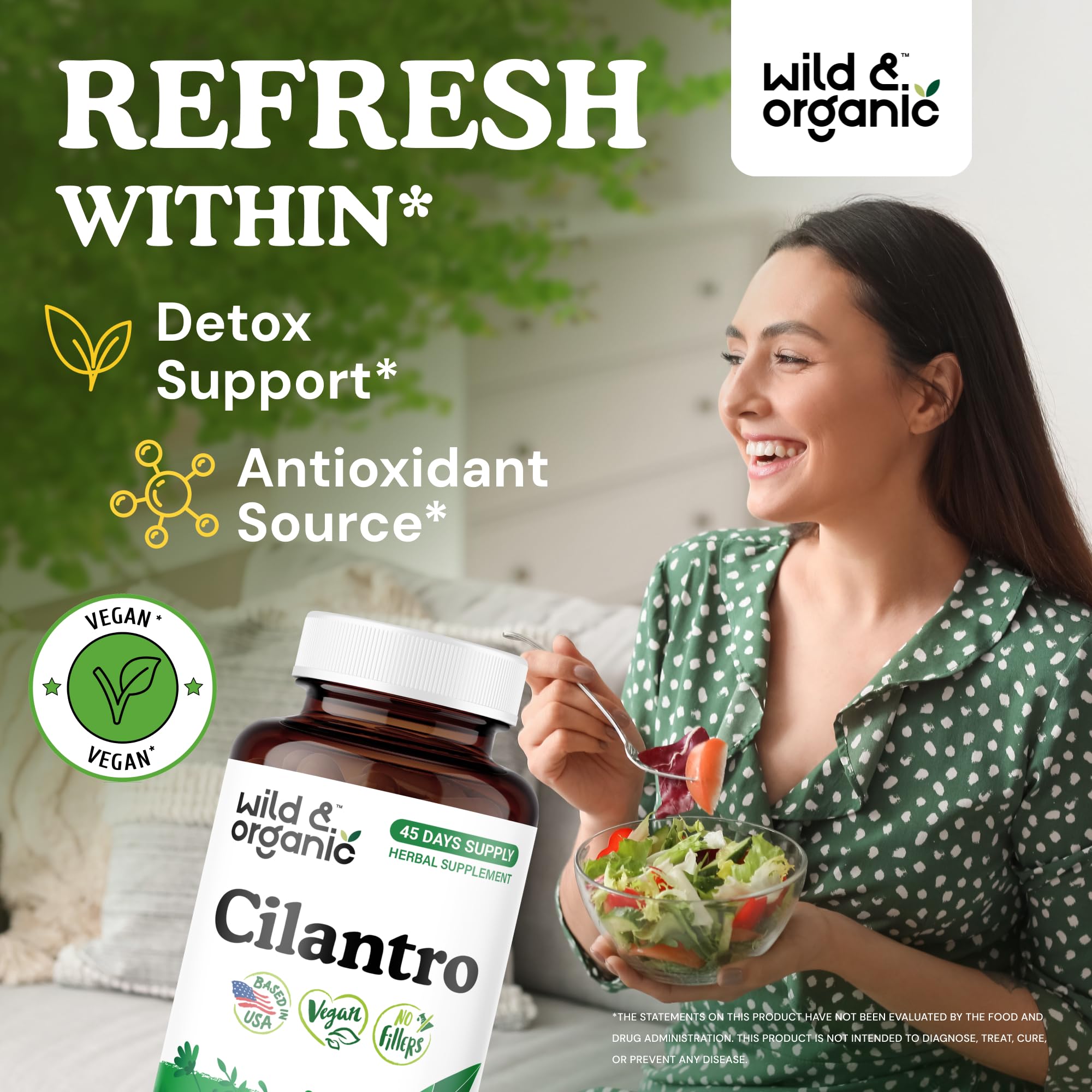 Wild and Organic cilantro capsules bottle top view emphasizing easy-to-take daily supplement