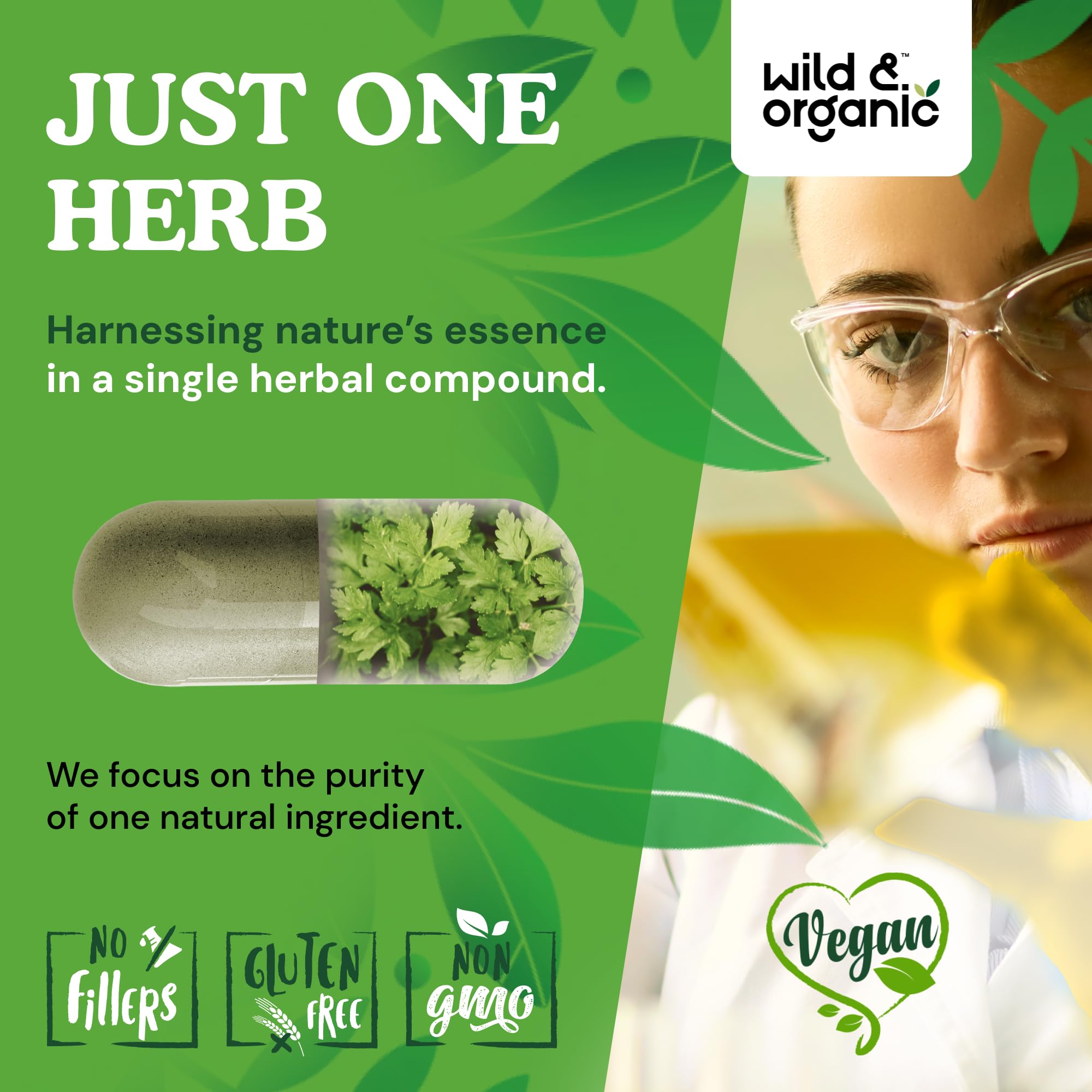 Wild and Organic cilantro capsules dosing scene with two capsules daily