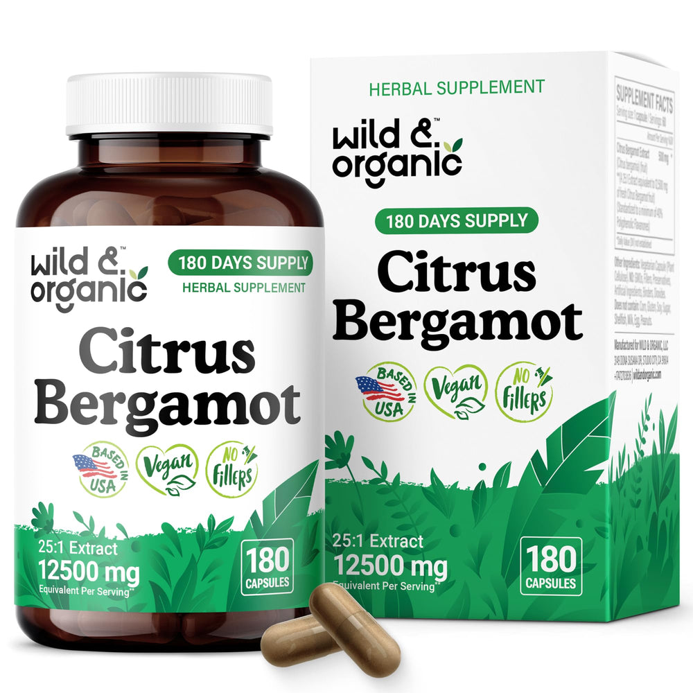 Front view of Wild & Organic Citrus Bergamot 500mg Capsules bottle