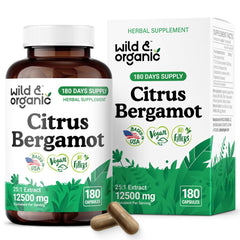 Front view of Wild & Organic Citrus Bergamot 500mg Capsules bottle