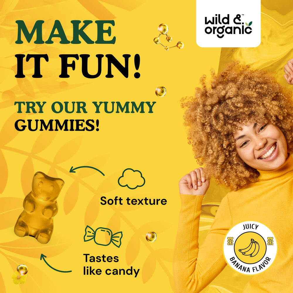 Two Wild & Organic CoQ10 gummies on a white surface