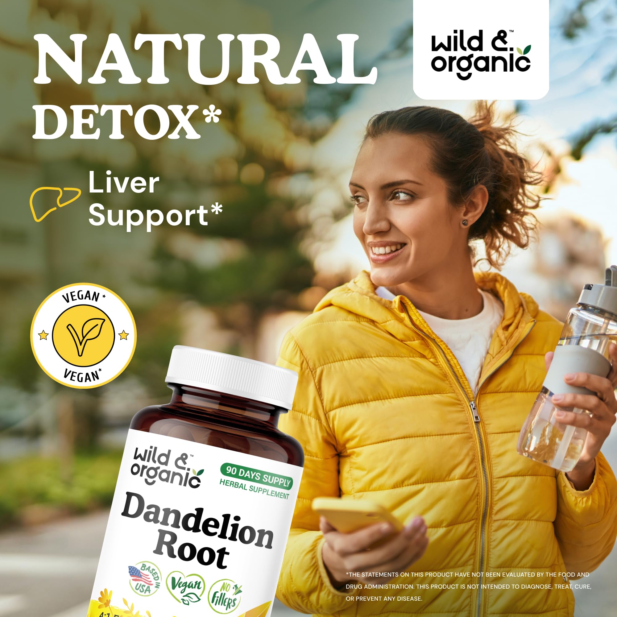 Close-up of Wild & Organic Dandelion Root Capsules showing vegan coating