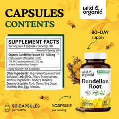 Ingredient label displaying 500 mg dandelion root extract per capsule