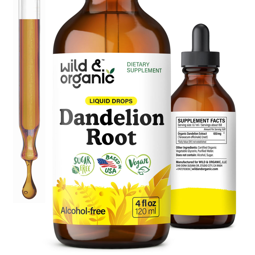 Front view of Wild & Organic Dandelion Root Extract Drops bottle (4 oz).