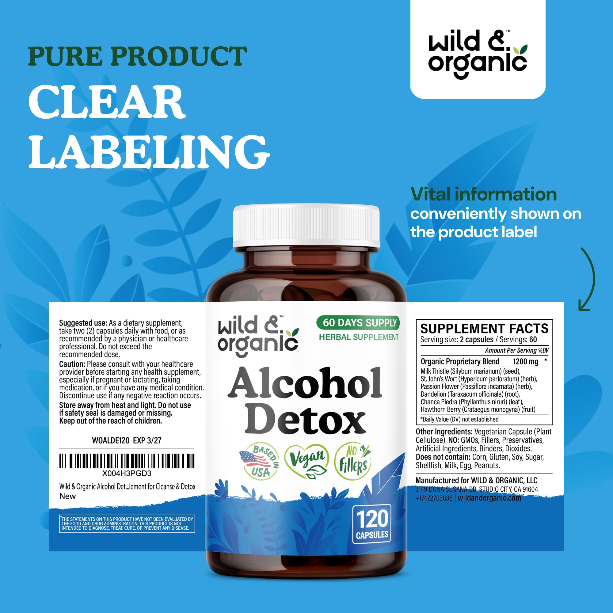Product packaging showing Wild & Organic Alcohol Detox Capsules