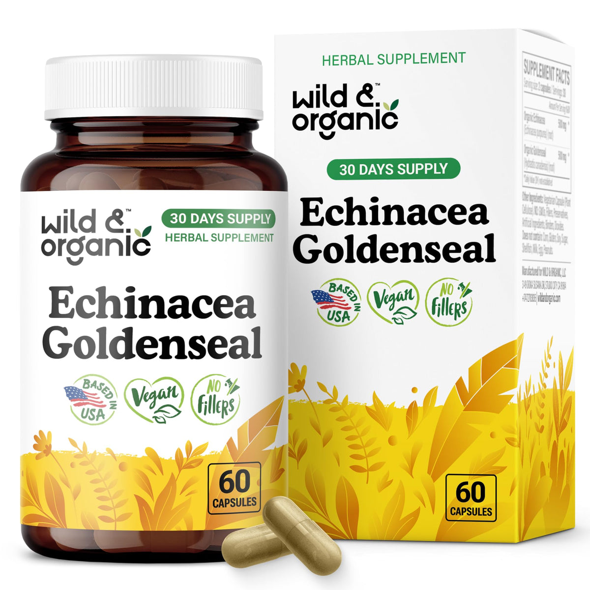 Front view of Wild & Organic Echinacea Goldenseal Capsules bottle