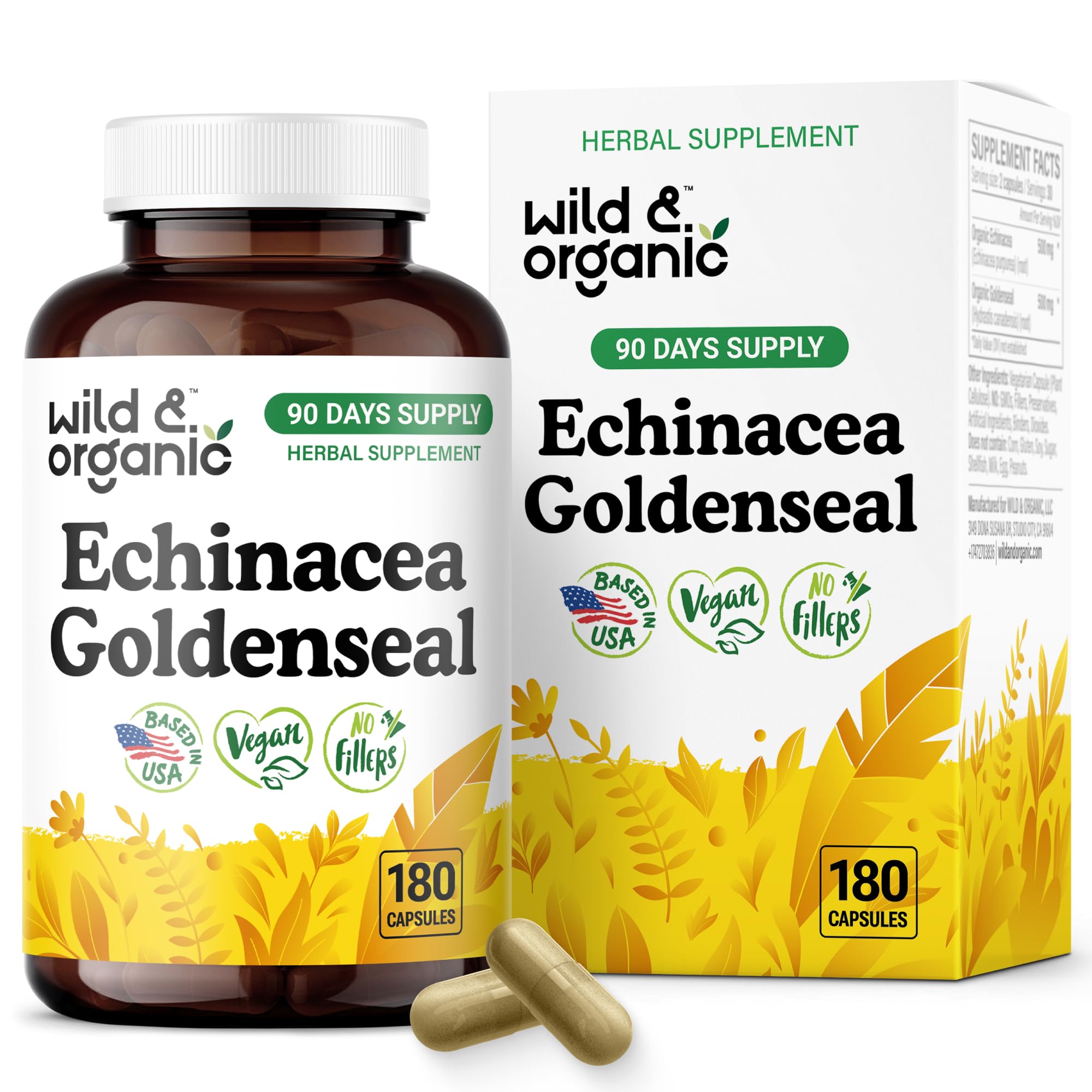 Front view of Wild & Organic Echinacea Goldenseal capsules bottle