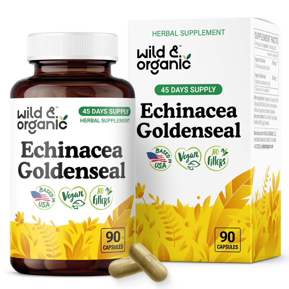 Front view of Wild & Organic Echinacea Goldenseal capsules bottle for immune and lung support (90-count).