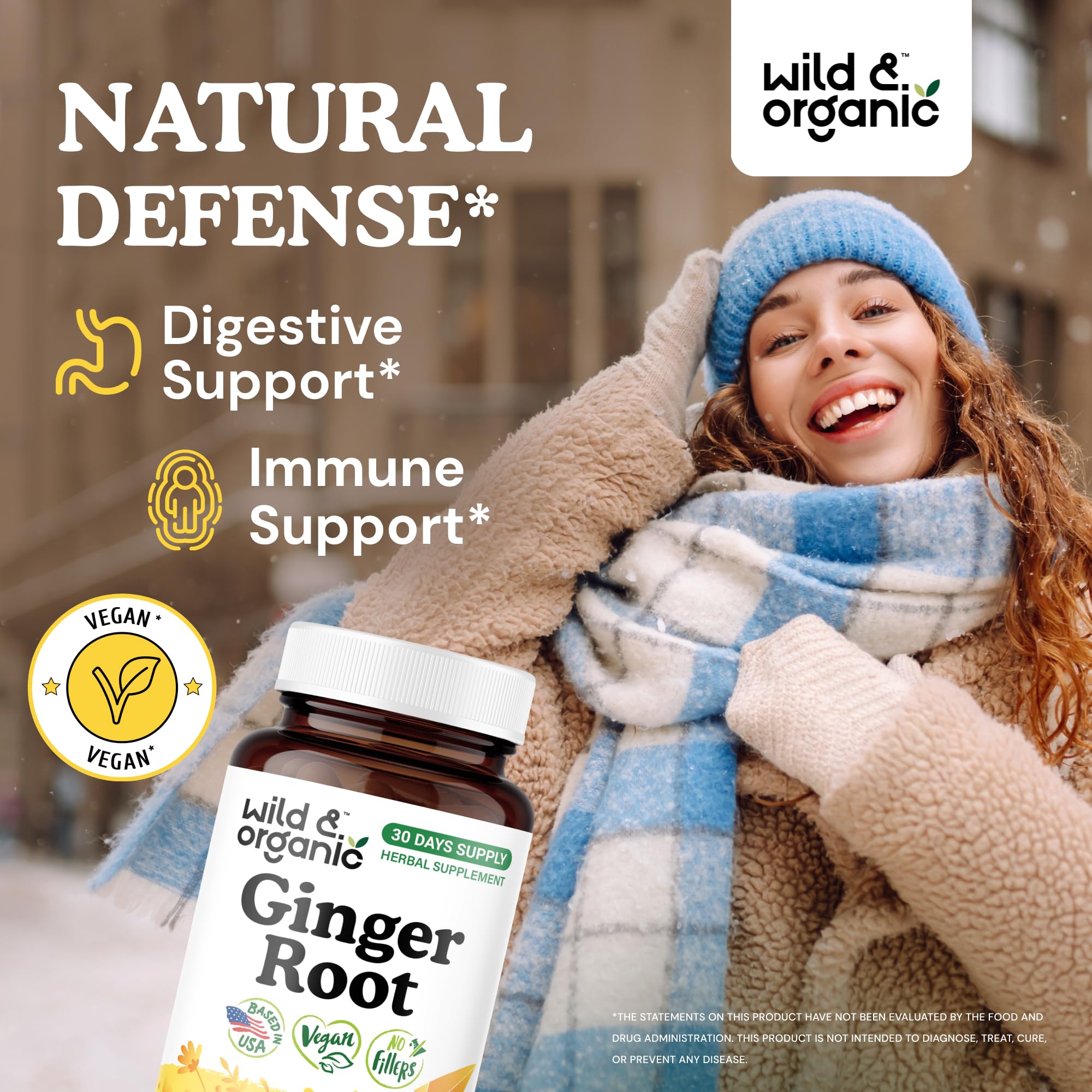 Bottle of Wild & Organic Ginger Root Capsules 1200 mg 60-count.