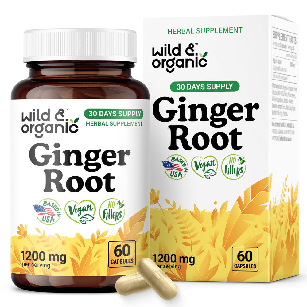 Front view of Wild & Organic Ginger Root Capsules bottle with 60-count label.