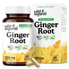 Front view of Wild & Organic Ginger Root Capsules bottle with 60-count label.