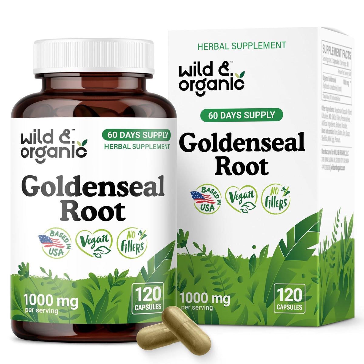 Bottle of Wild & Organic Goldenseal Root Capsules 1000mg for immune and lung support