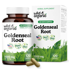 Bottle of Wild & Organic Goldenseal Root Capsules 1000mg for immune and lung support
