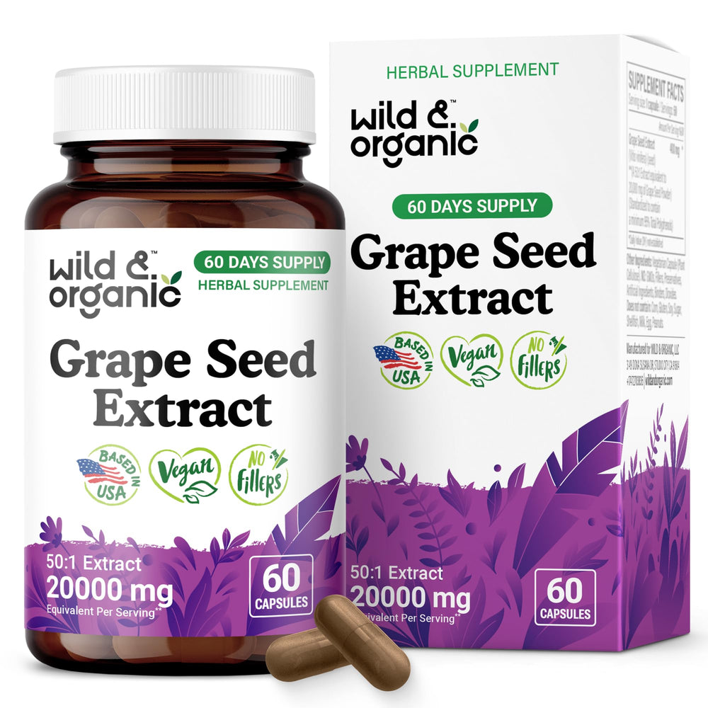 Bottle of Wild & Organic Grape Seed Extract Capsules showing 400 mg per serving