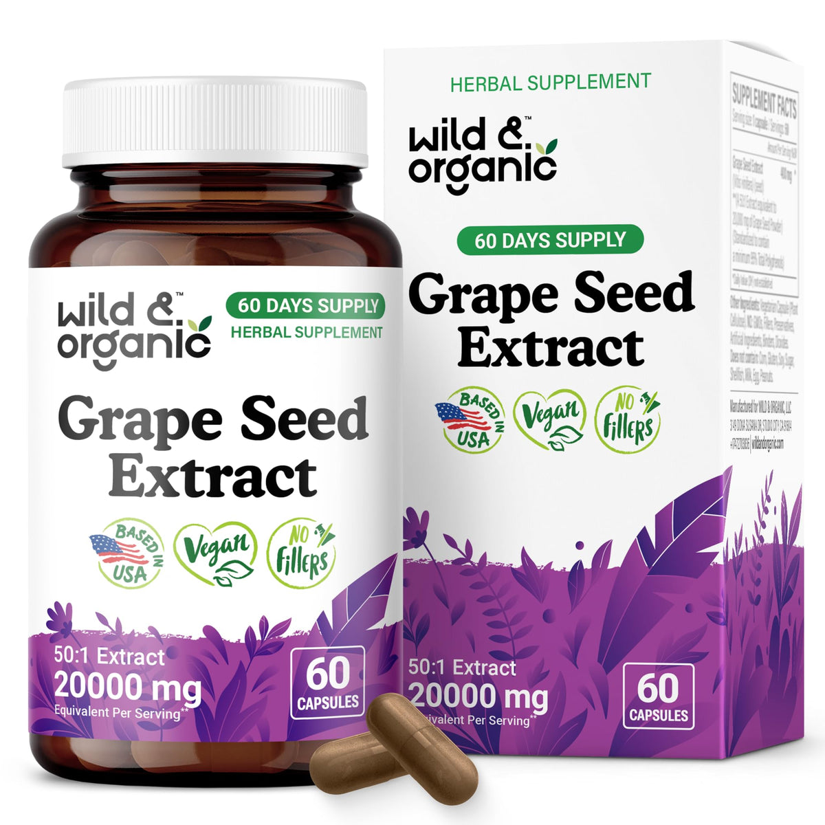 Bottle of Wild & Organic Grape Seed Extract Capsules showing 400 mg per serving