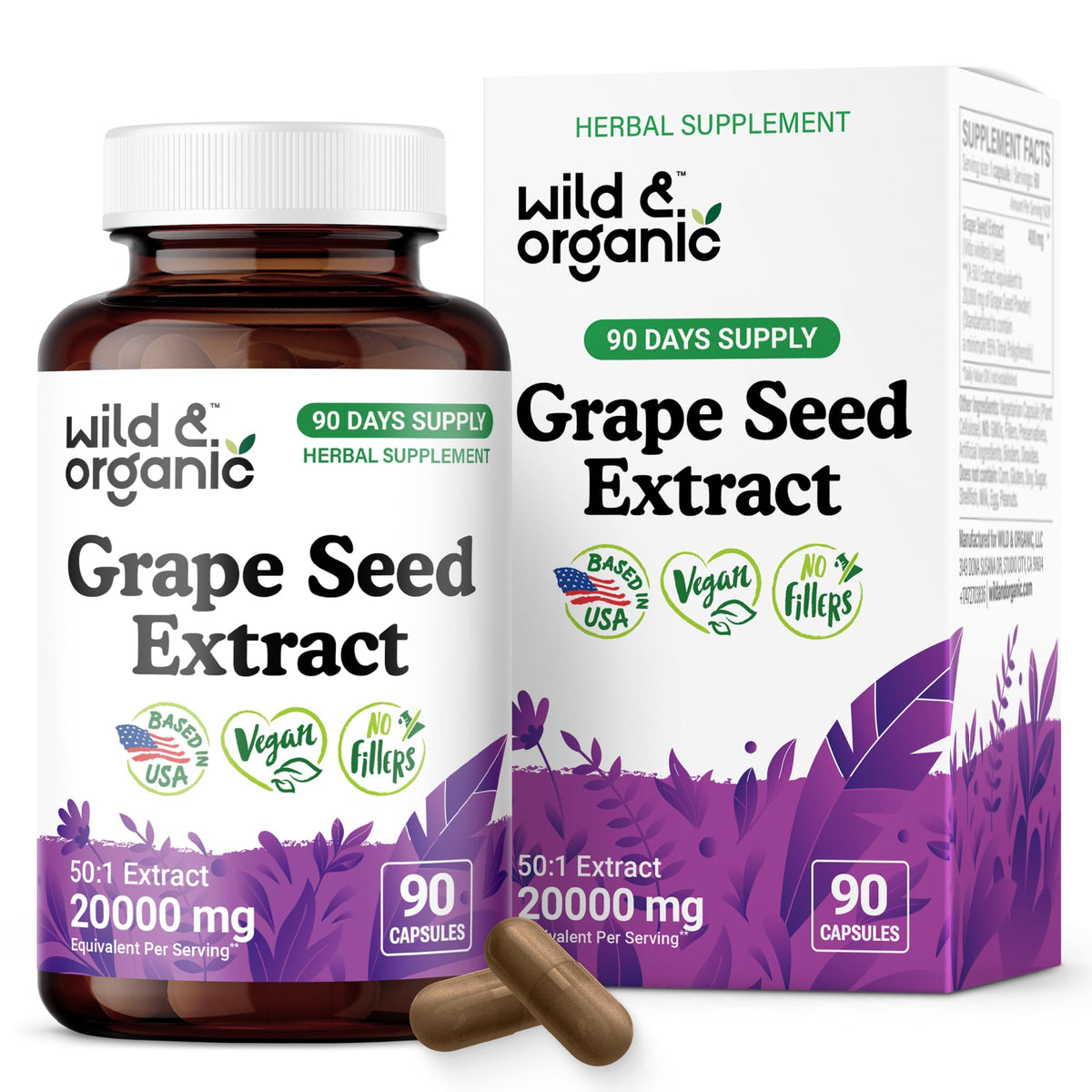 Wild & Organic grape seed extract capsules bottle with 400 mg per serving