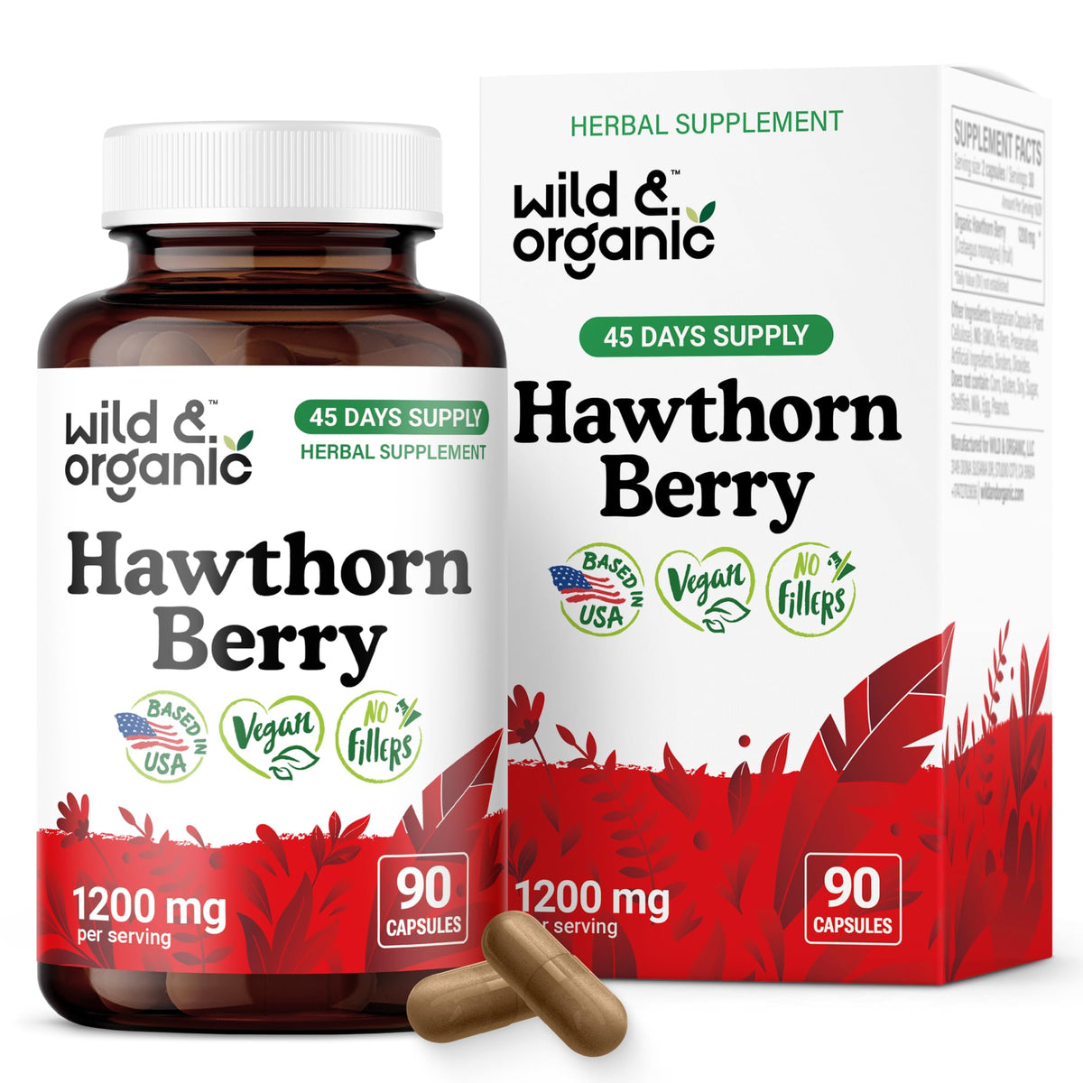 Front view of Wild & Organic Hawthorn Berry Capsules bottle, 90 capsules.